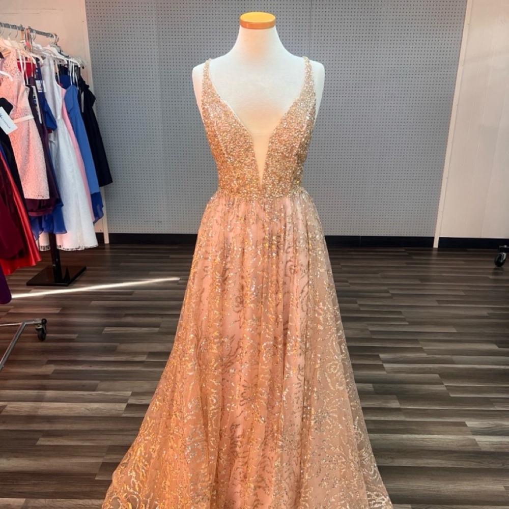 Rose Gold Sequin Ball Gown with Deep V Neck
